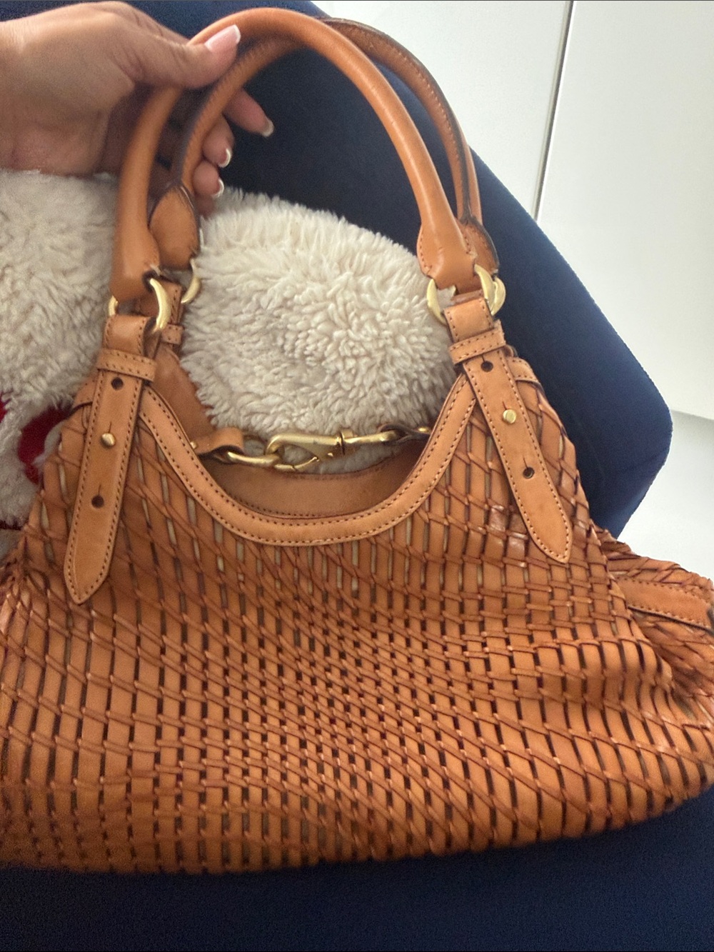 Cole Haan Woven Tan Leather Shoulder Bag with Gold-Tone Chain - Picture 3 of 15